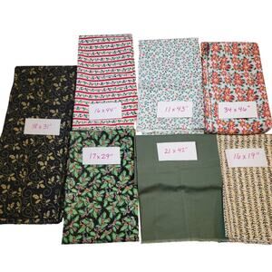 Cotton Fabric Lot Christmas Holly Green Red Floral Print 7 Pc Quilting Crafts